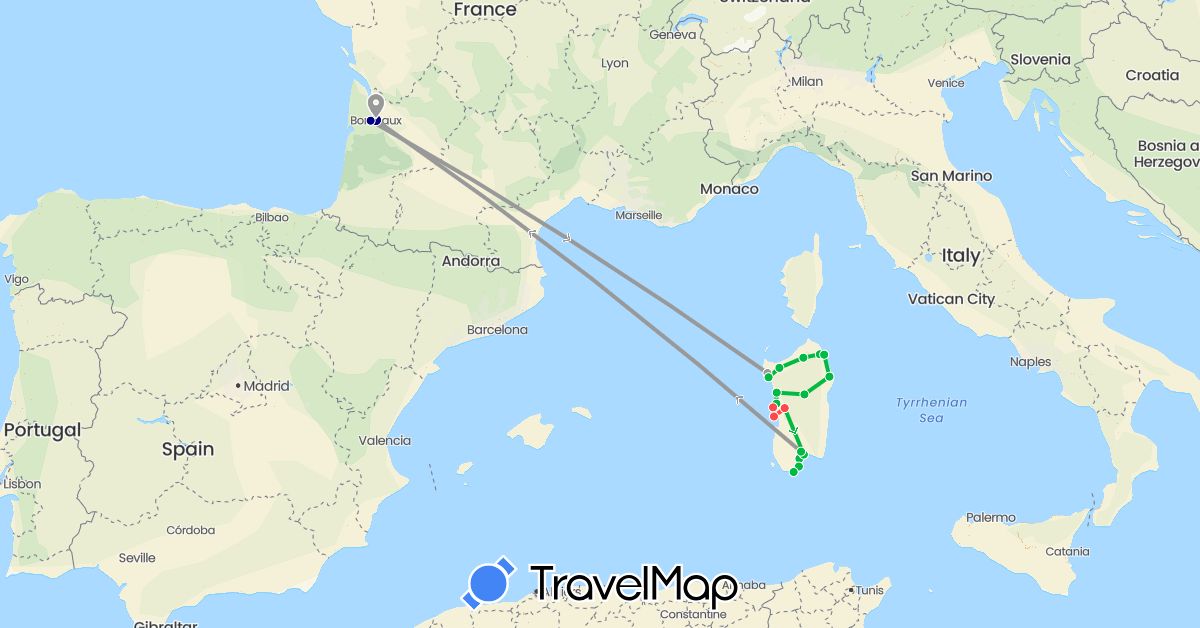 TravelMap itinerary: driving, bus, plane, hiking in France, Italy (Europe)